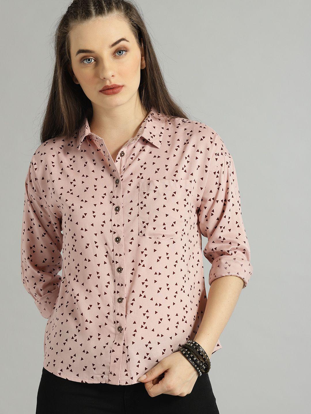 roadster women pink regular fit printed casual shirt