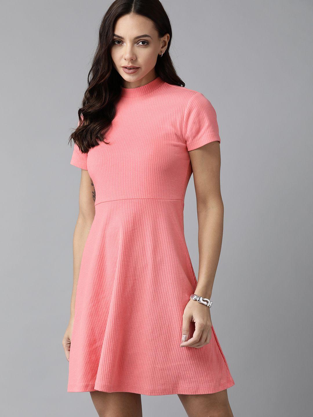 roadster women pink ribbed a-line dress