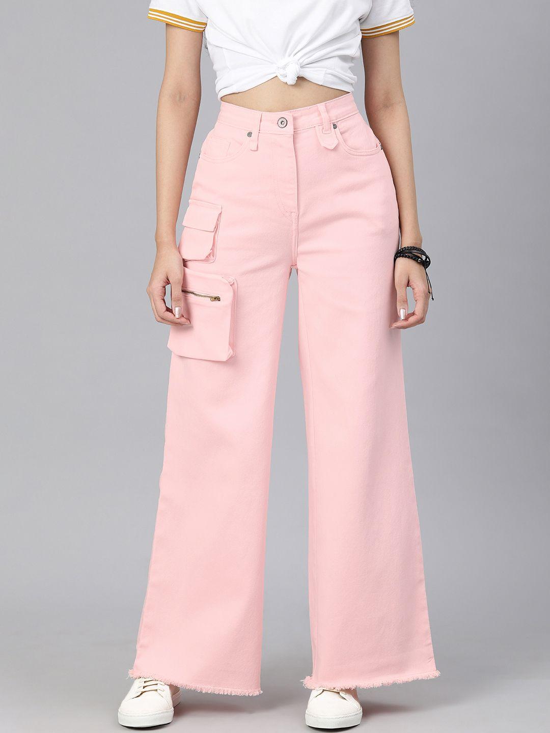 roadster women pink solid flared stretchable jeans