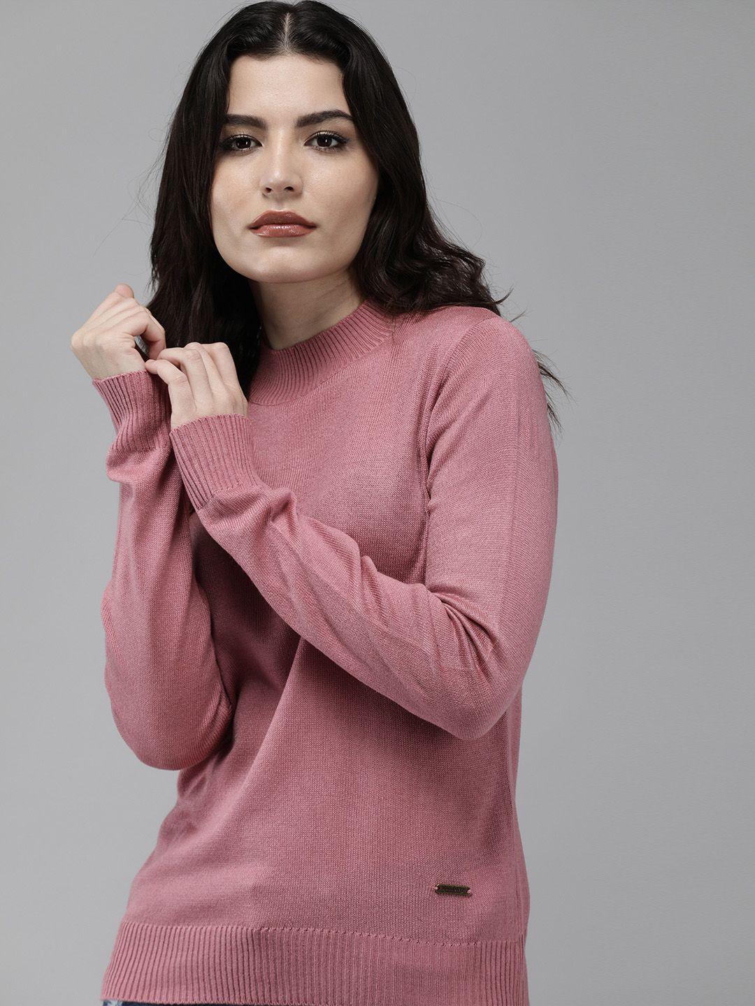 roadster women pink solid round neck pullover