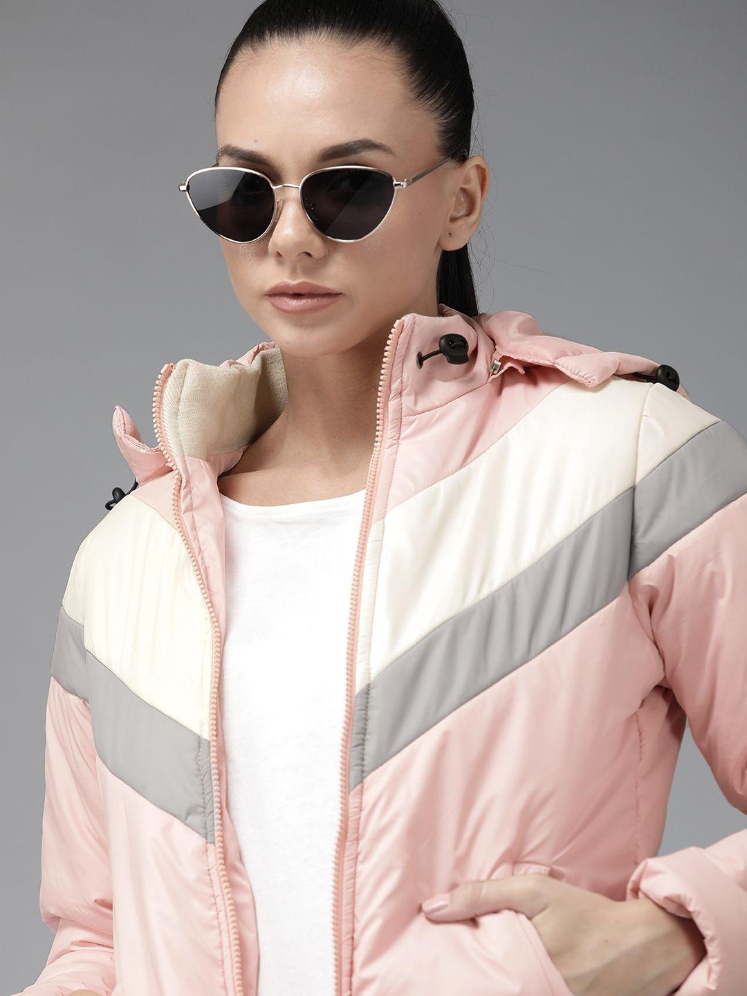 roadster women pink striped padded jacket with detachable hood