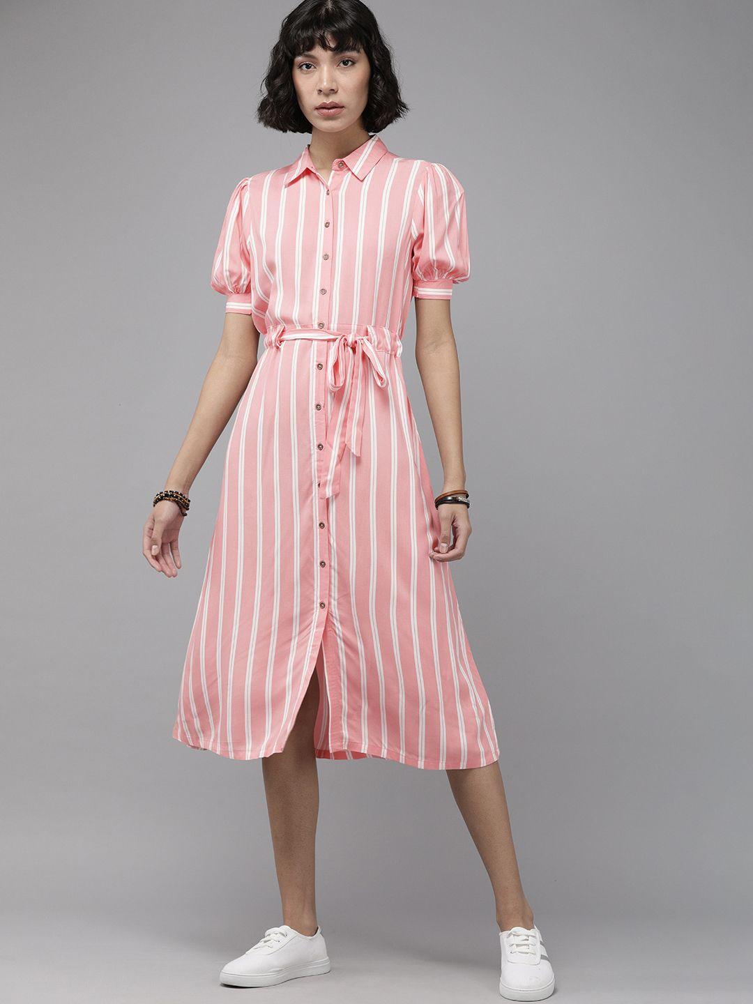 roadster women pink striped shirt-style midi dress with belt