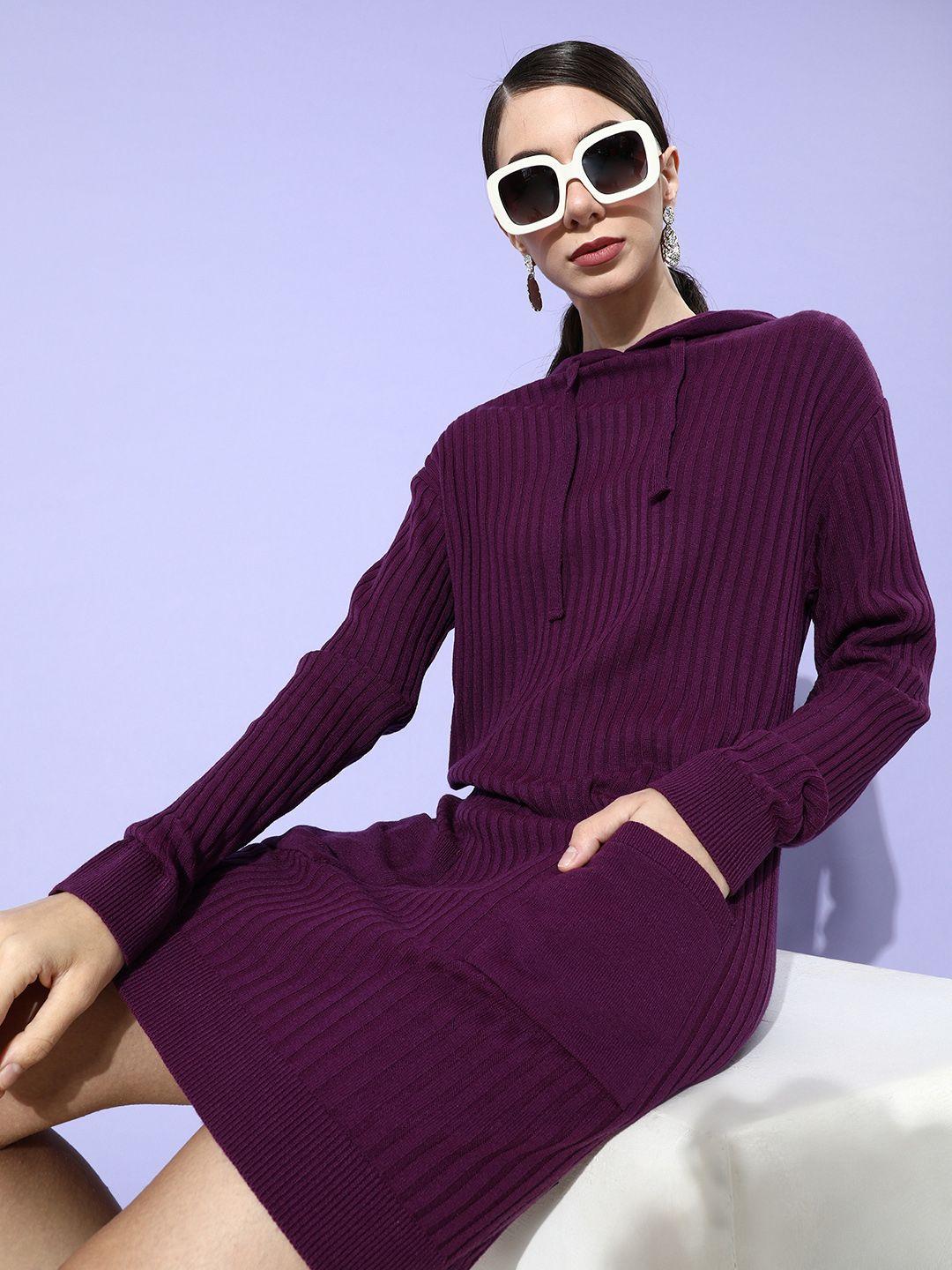 roadster women purple ribbed hooded jumper dress