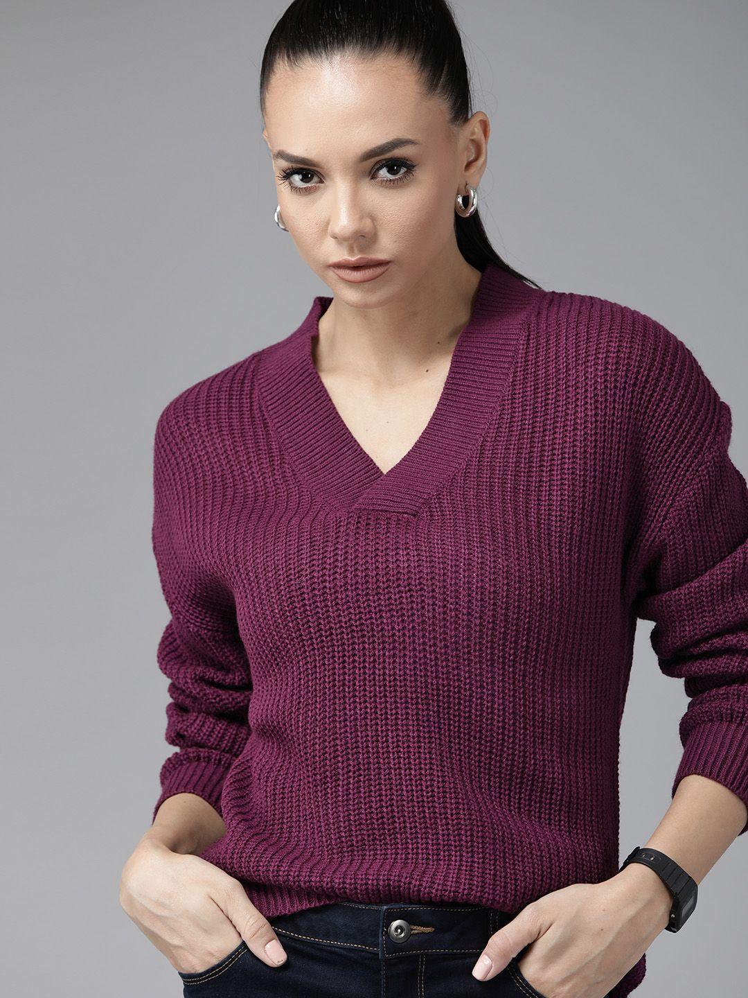 roadster women purple ribbed pullover