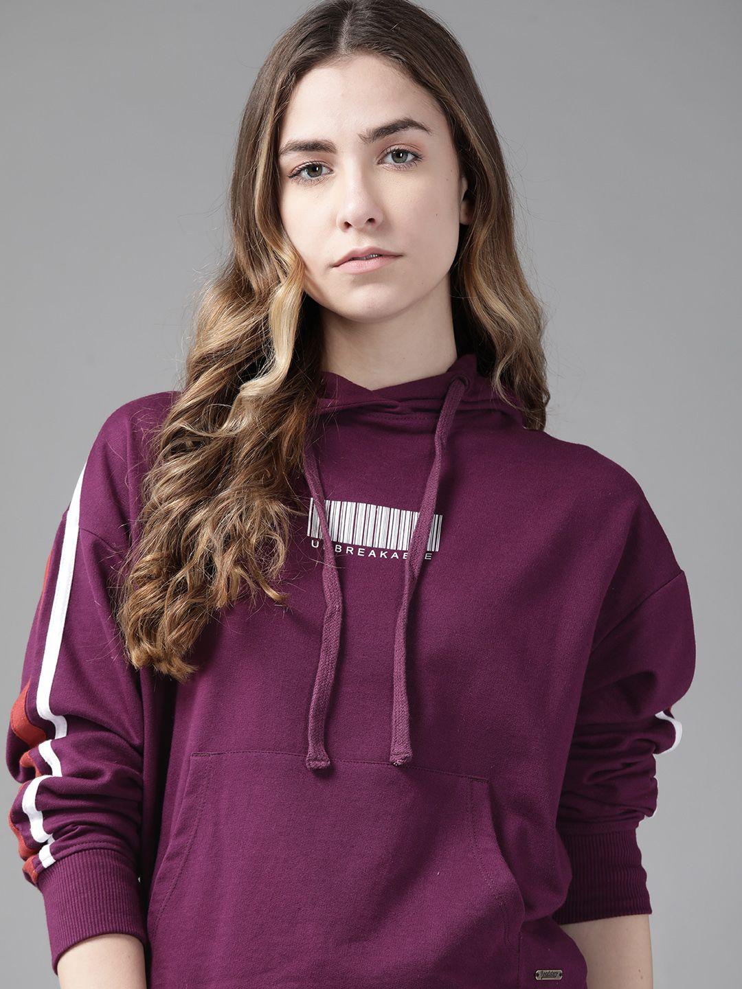 roadster women purple solid drop-shoulder boxy hooded sweatshirt