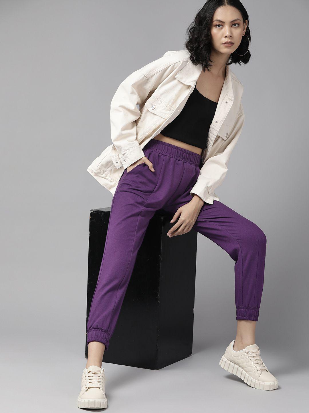 roadster women purple solid regular fit joggers