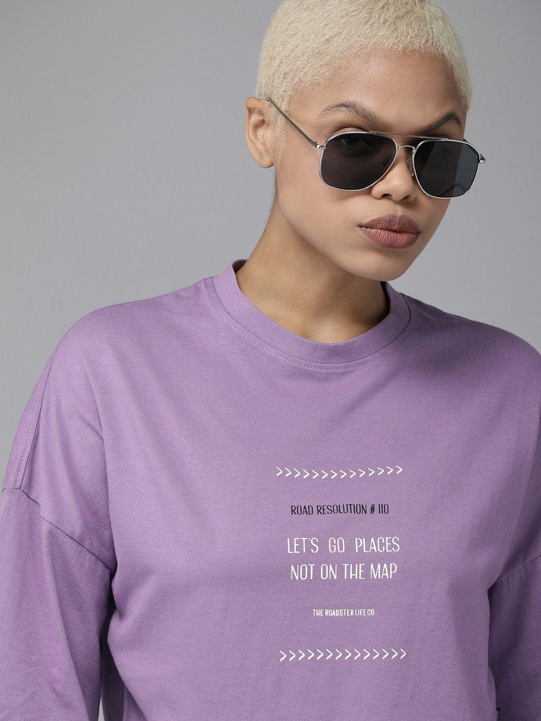 roadster women purple typography printed pure cotton t-shirt