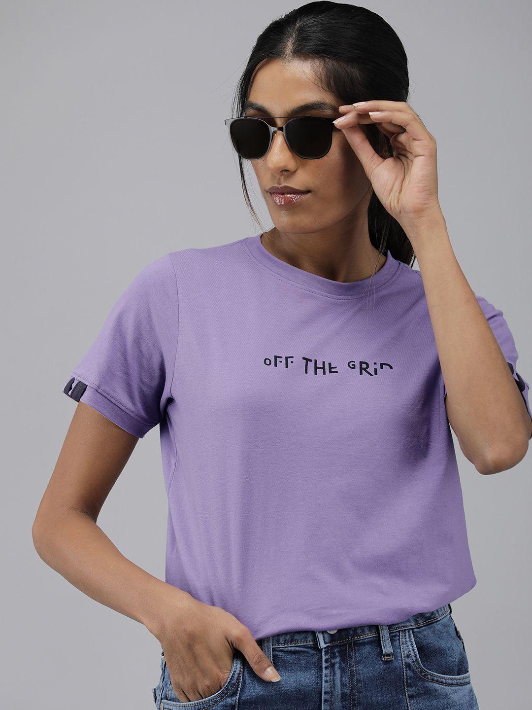 roadster women purple typography pure cotton t-shirt