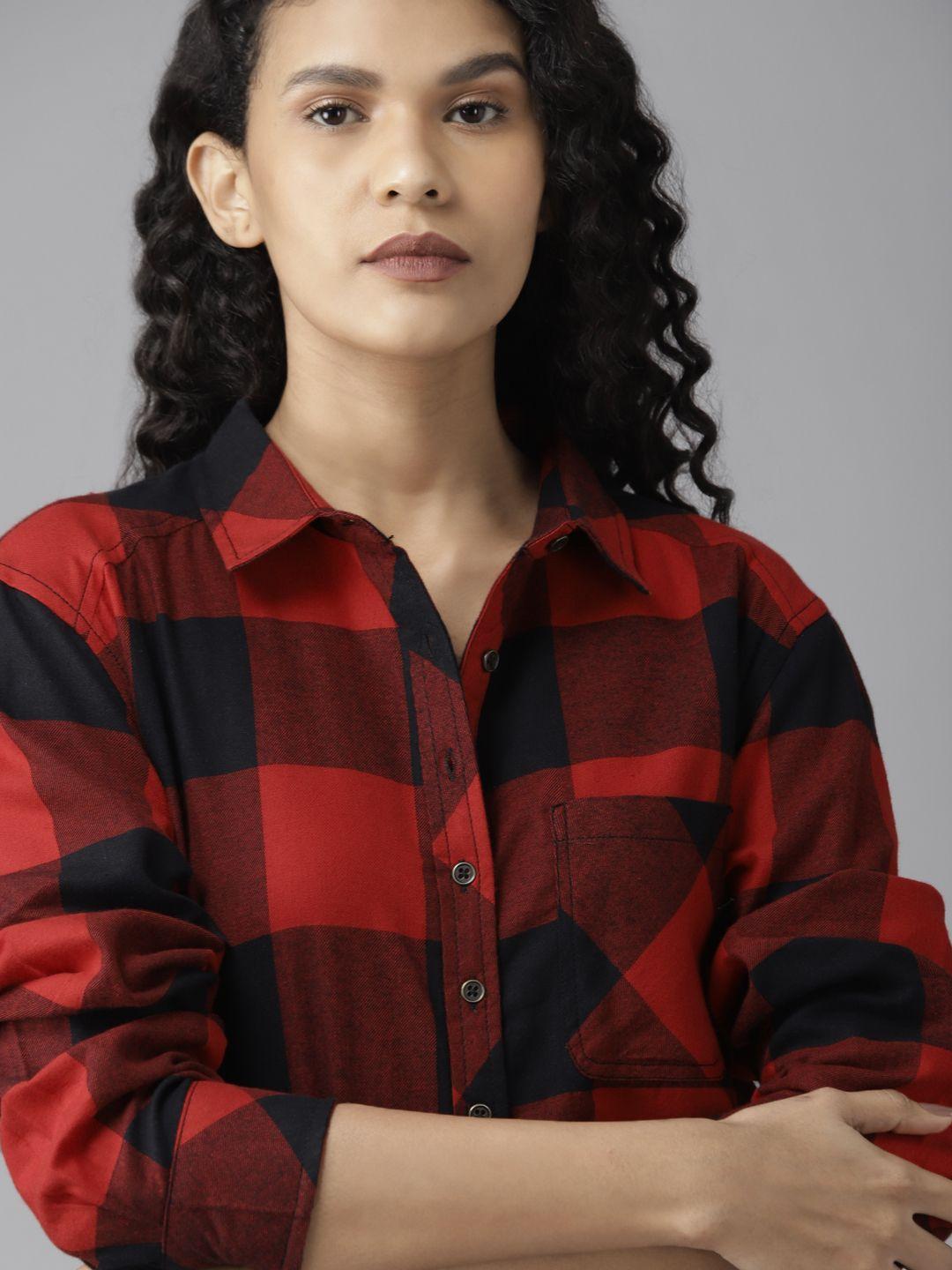 roadster women red & black flannel woven regular fit checked high-low casual shirt