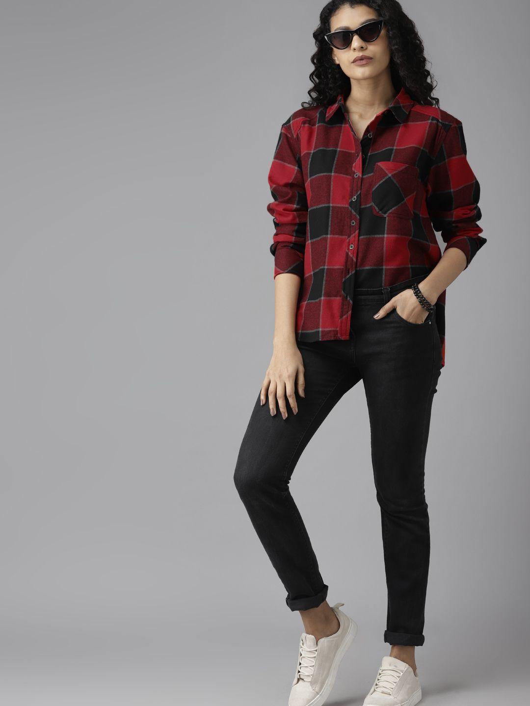 roadster women red & black flannel woven regular fit checked high-low casual shirt