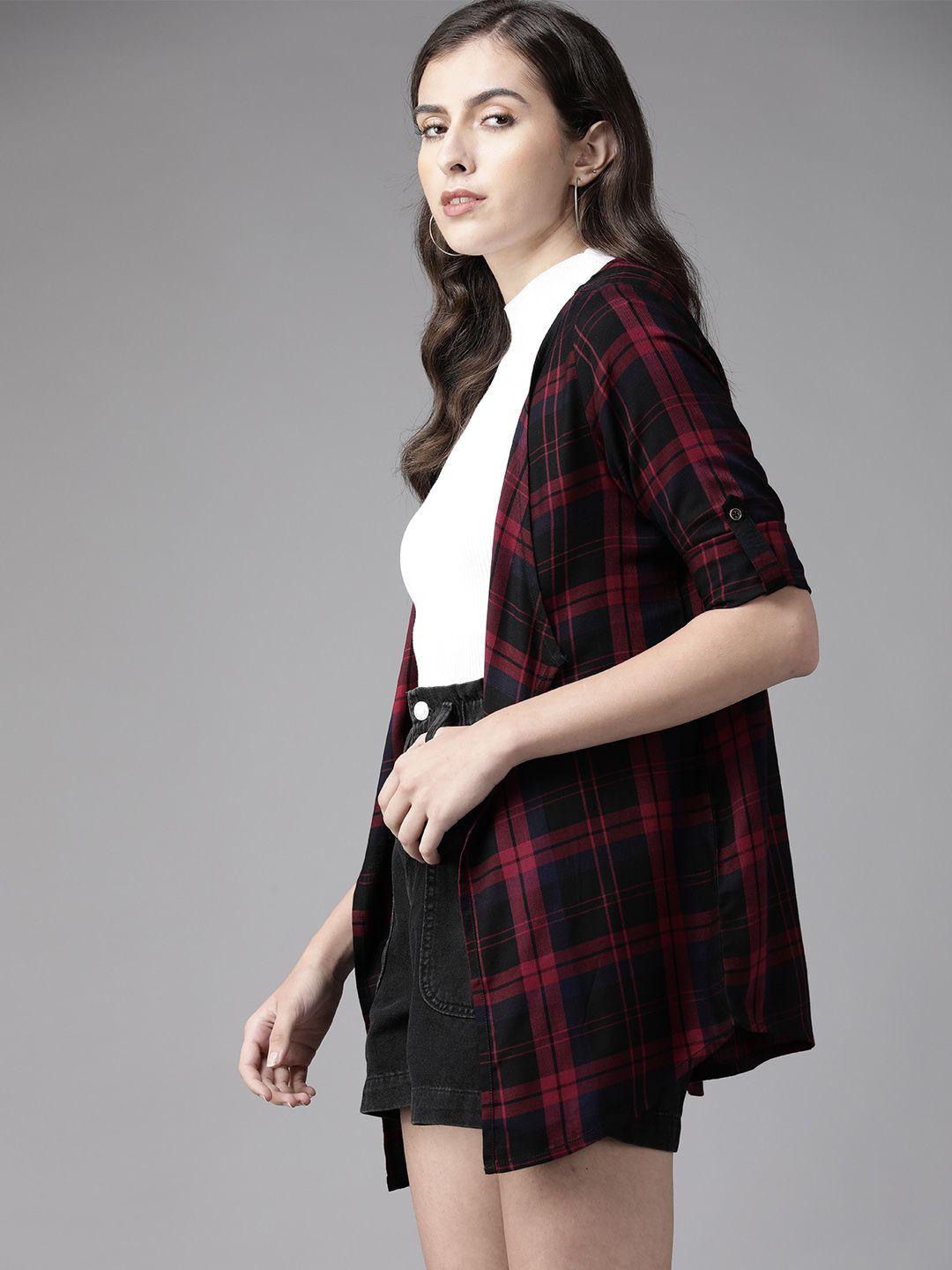 roadster women red & navy blue checked shrug