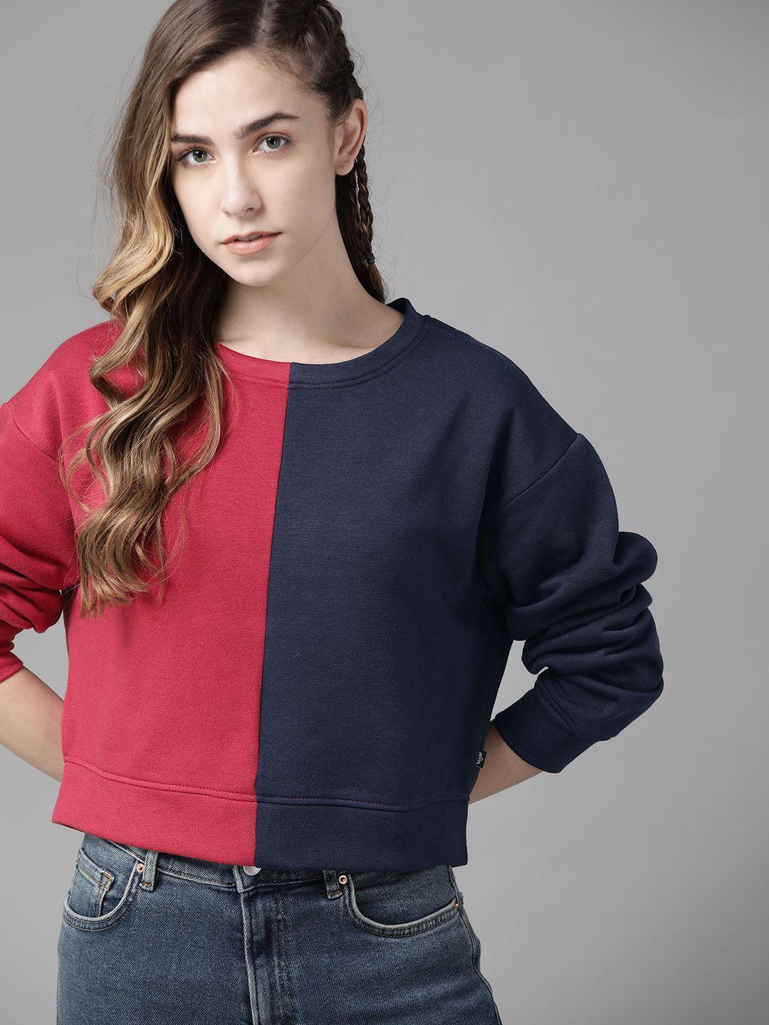 roadster women red & navy blue colourblocked sweatshirt