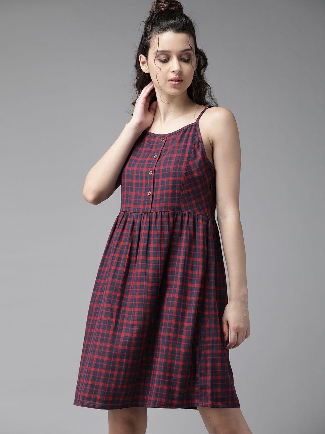 roadster women red & navy pure cotton checked a-line dress