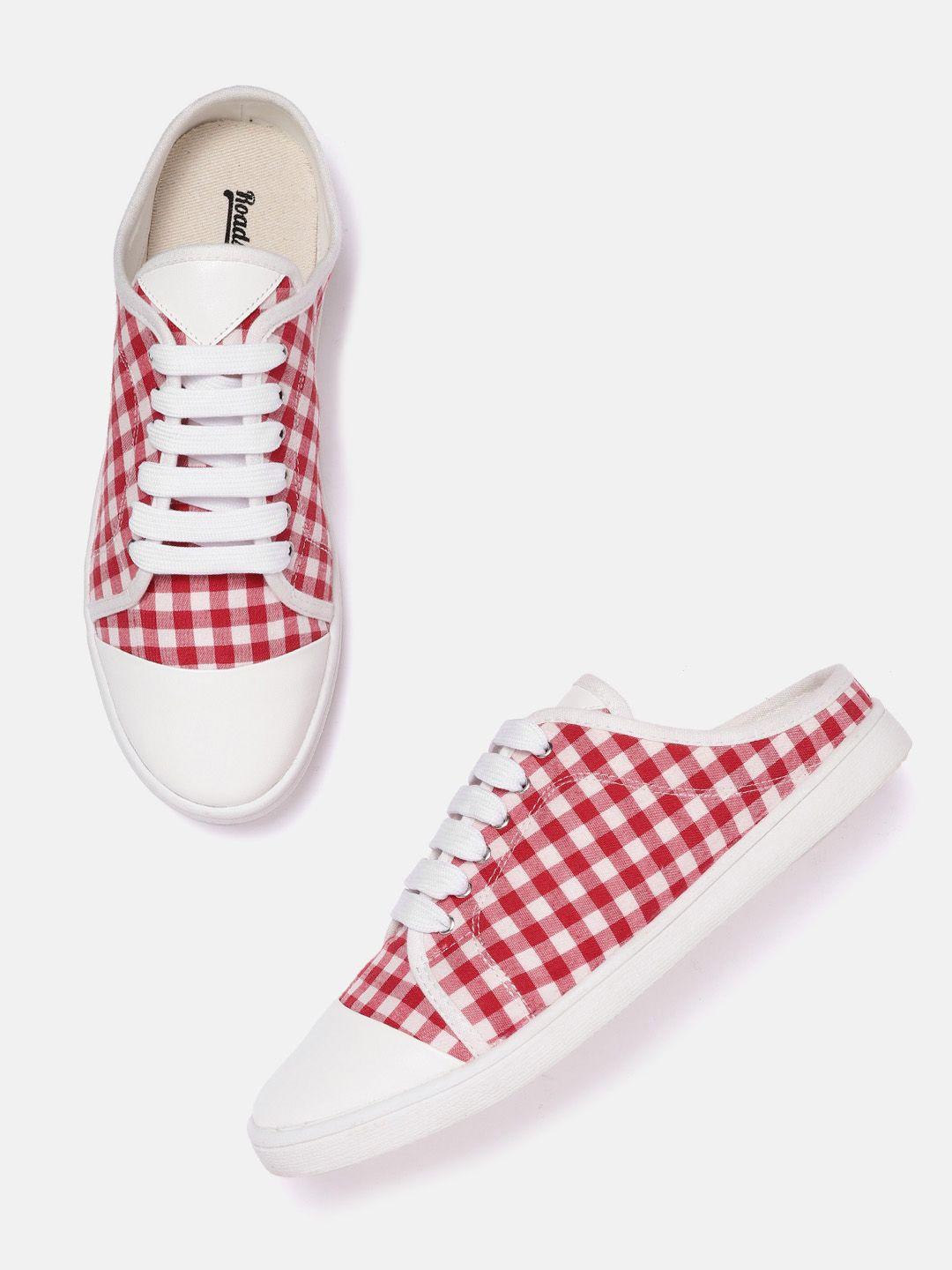 roadster women red & white checked mule sneakers