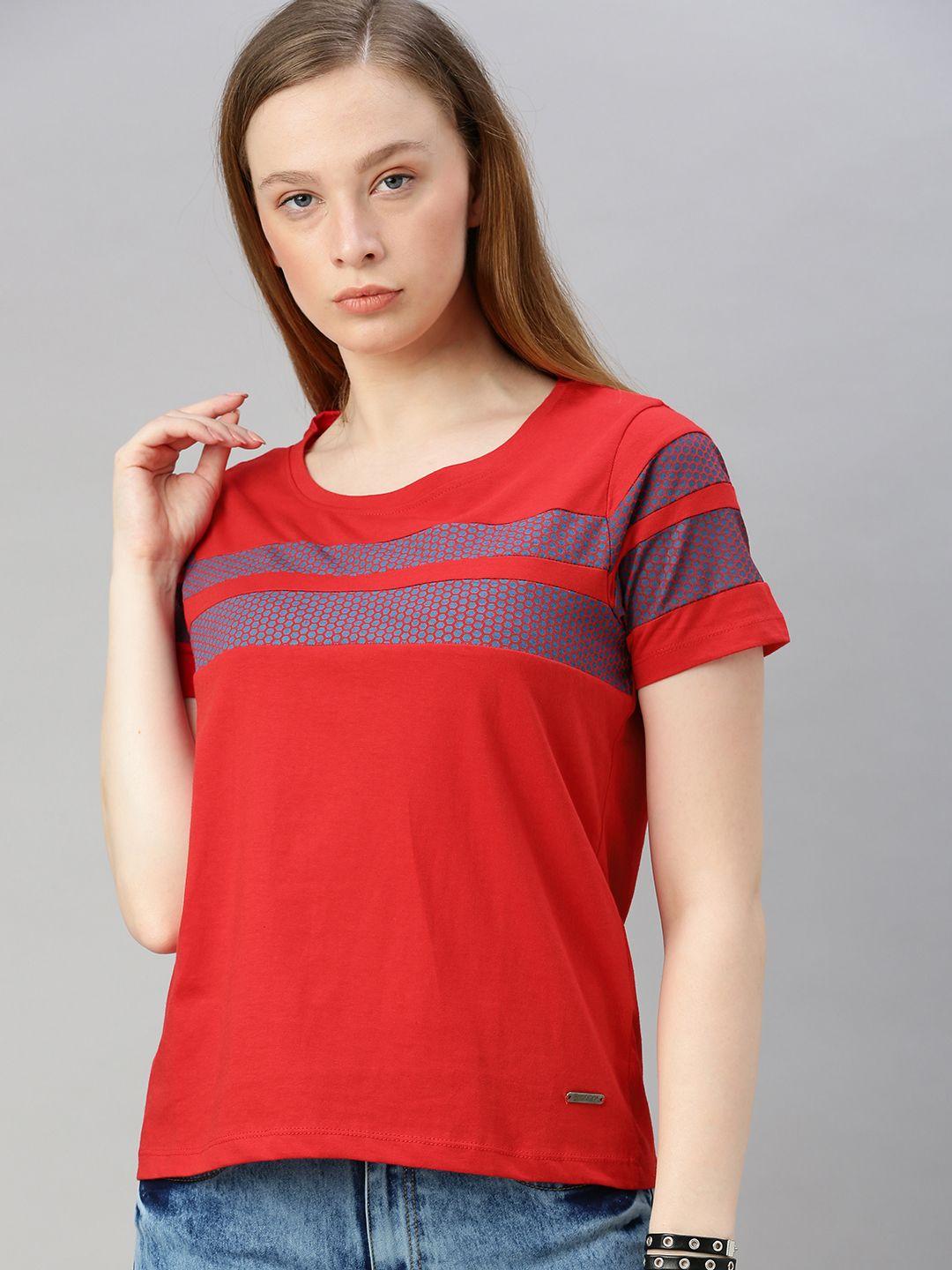 roadster women red  blue striped round neck pure cotton t-shirt