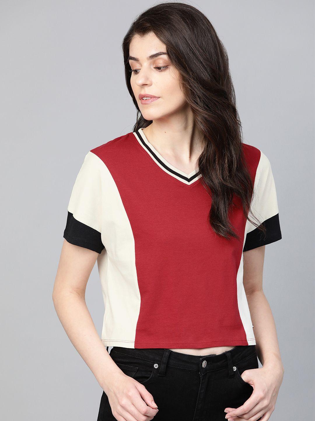 roadster women red  off-white colourblocked v-neck cropped pure cotton t-shirt