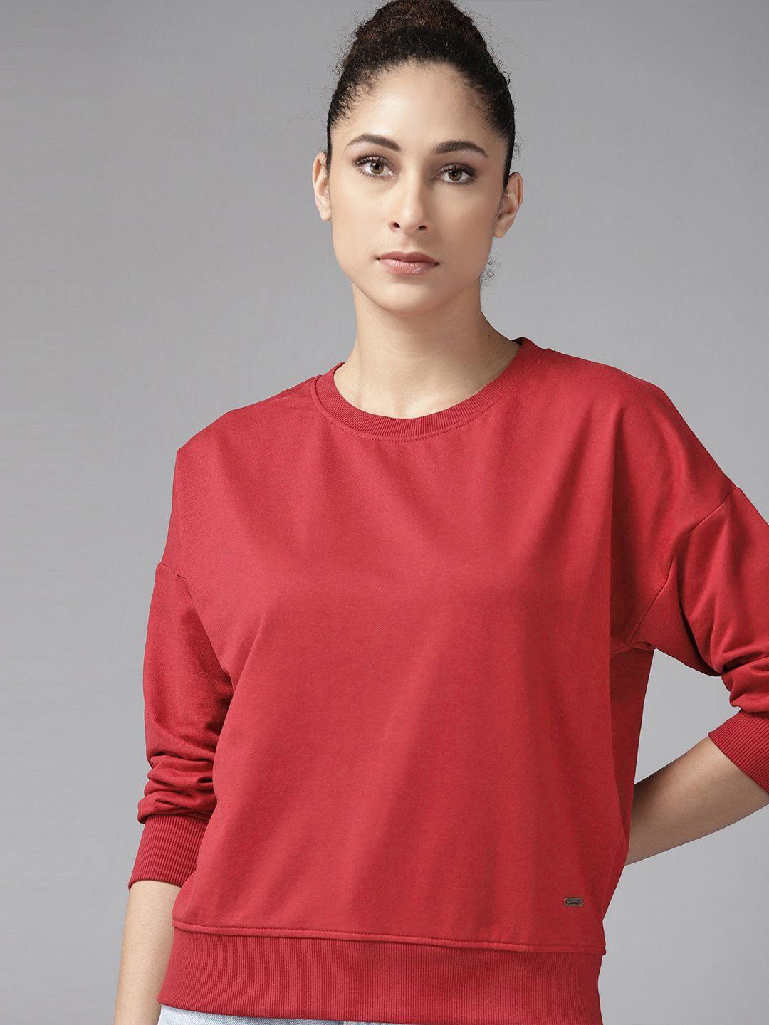 roadster women red drop-shoulder sleeves solid sweatshirt