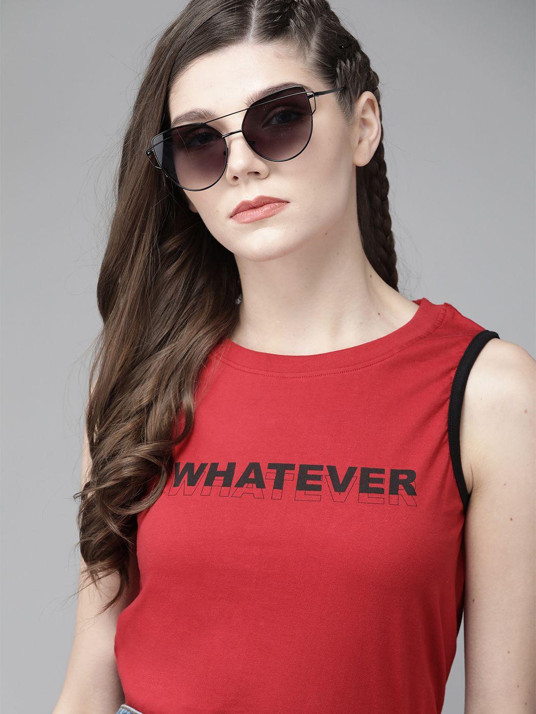 roadster women red pure cotton typographic print round neck slim fit t-shirt