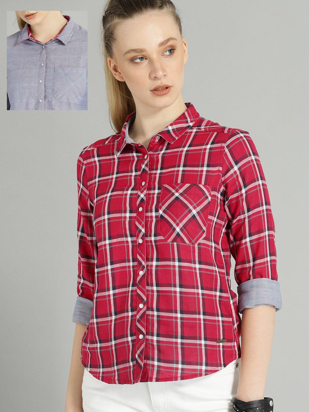 roadster women red regular fit checked reversible casual shirt