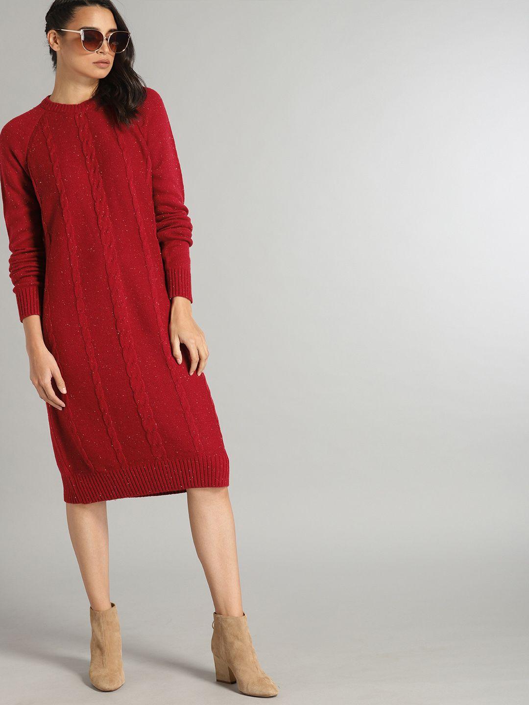 roadster women red self design knitted jumper dress