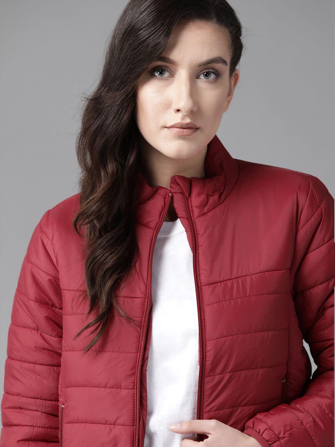 roadster women red solid hooded padded jacket
