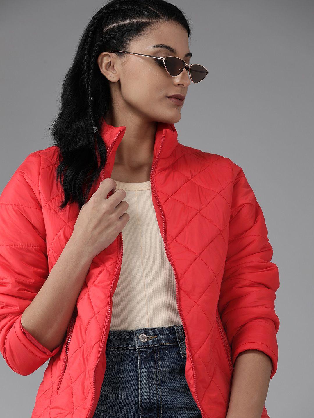 roadster women red solid quilted jacket