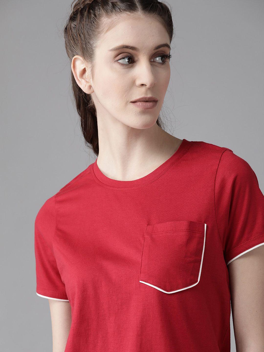 roadster women red solid round neck pure cotton t-shirt