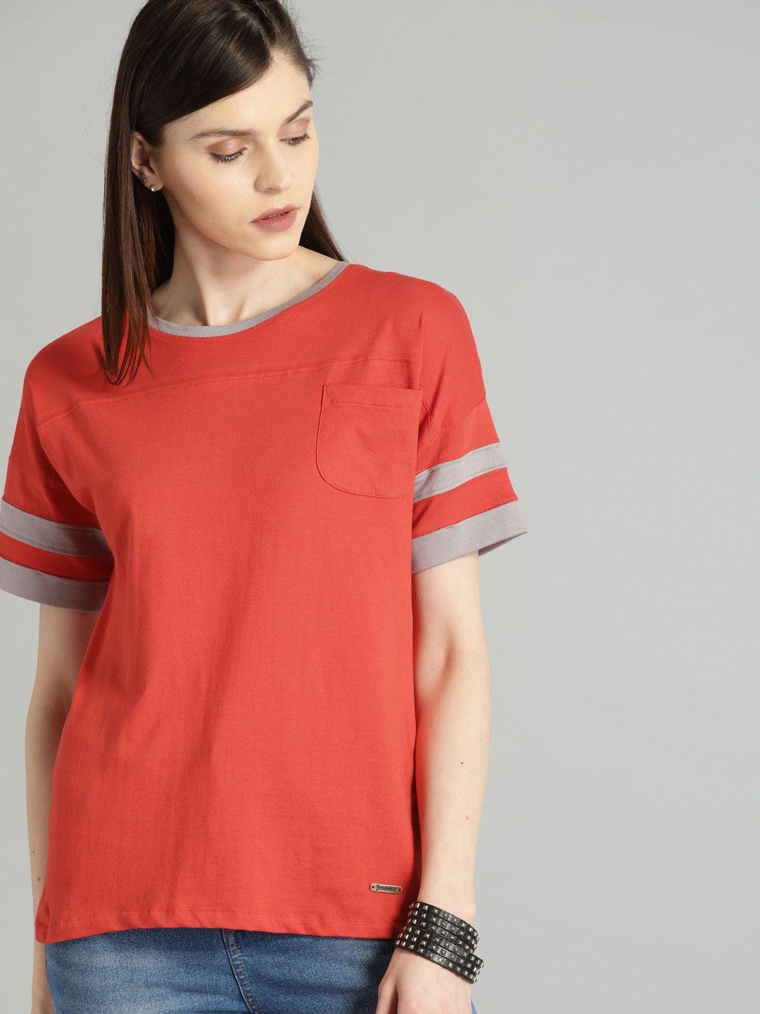 roadster women red solid round neck pure cotton t-shirt