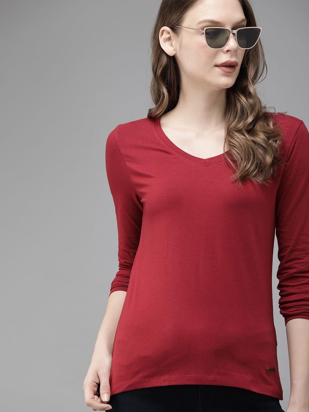 roadster women red solid v-neck t-shirt
