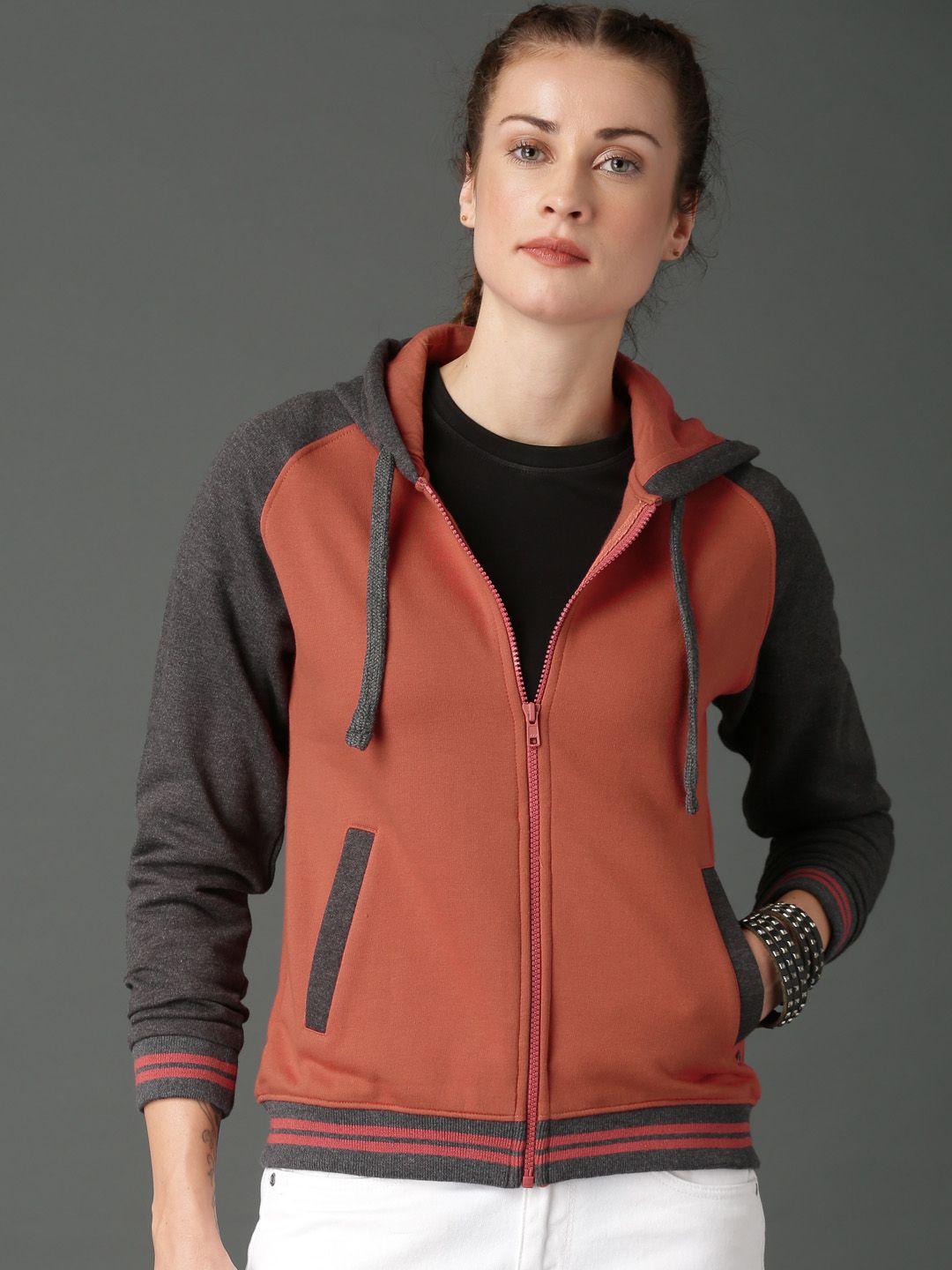 roadster women rust colourblock hooded sweatshirt