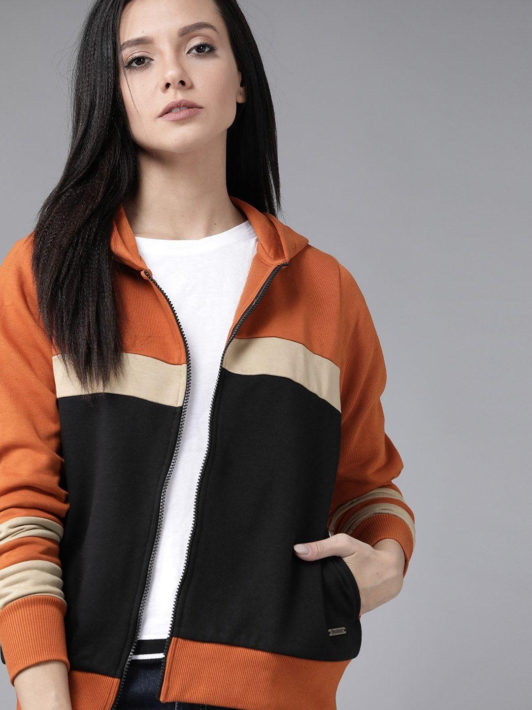 roadster women rust orange & black colourblocked antiviral finish hooded sweatshirt