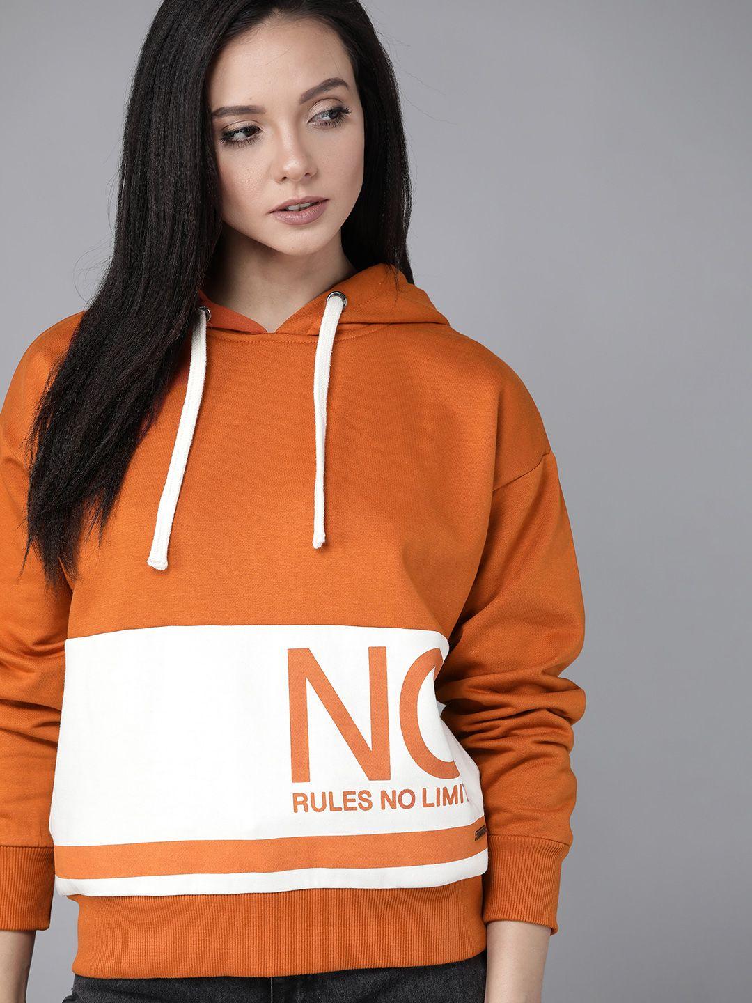 roadster women rust orange & off-white printed hooded sweatshirt