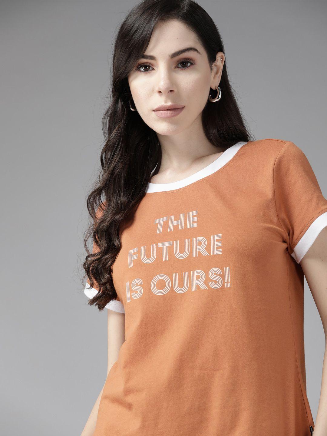 roadster women rust orange & white typography printed pure cotton t-shirt