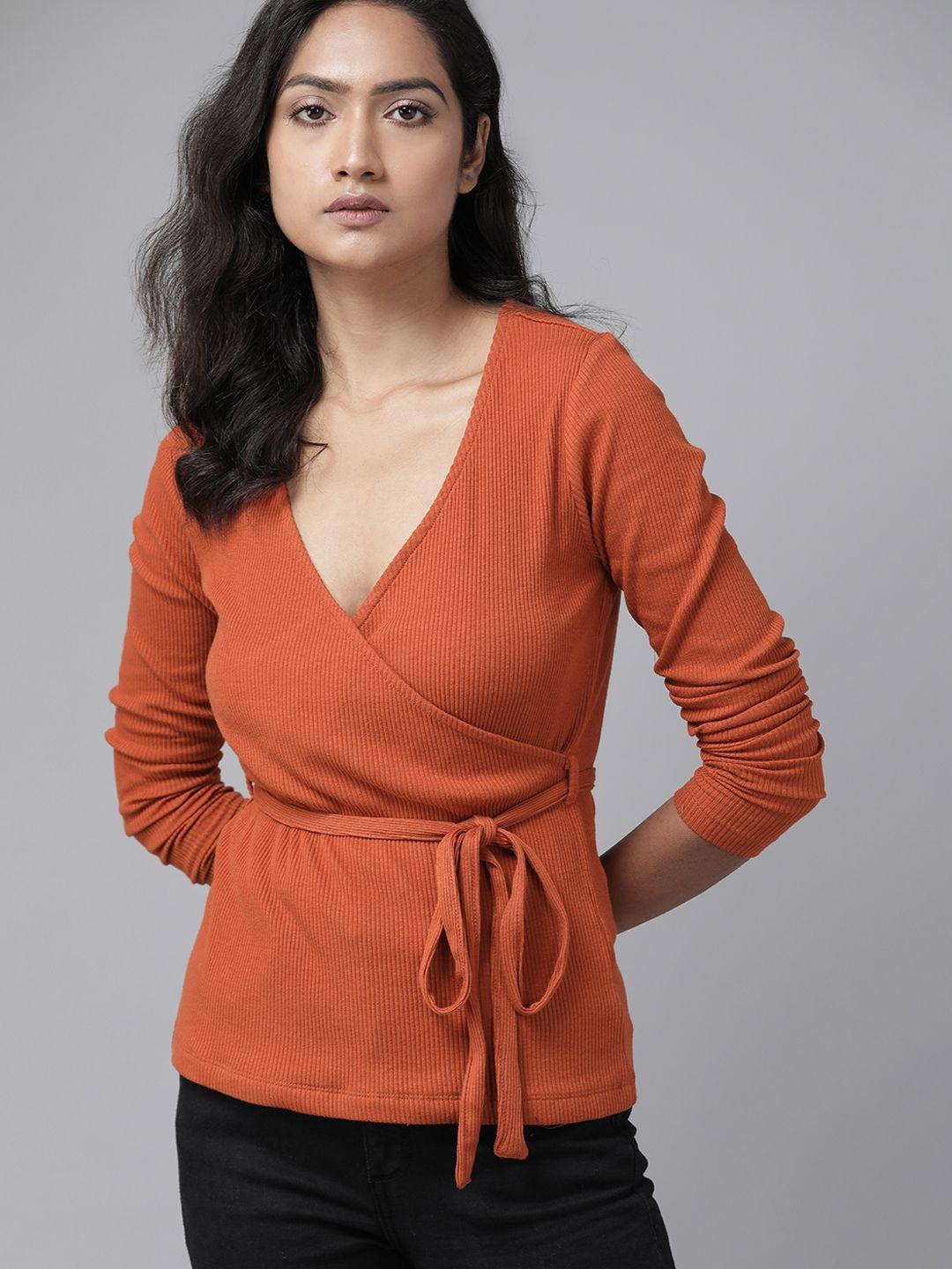 roadster women rust orange self stripe wrap top with belt