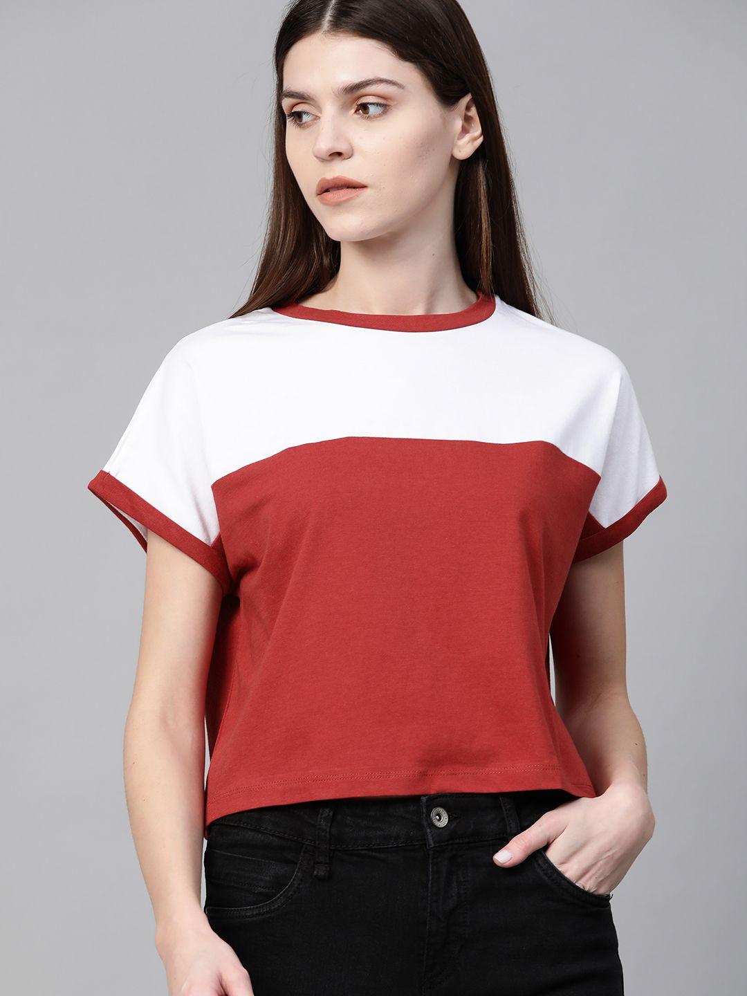 roadster women rust red  white colourblocked round neck crop pure cotton t-shirt