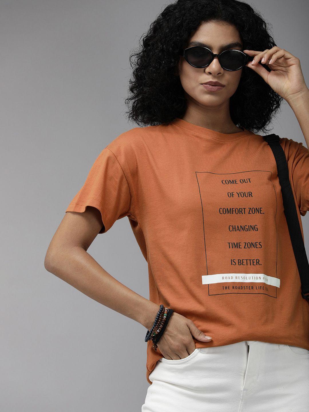 roadster women rust typography printed pure cotton boxy casual t-shirt