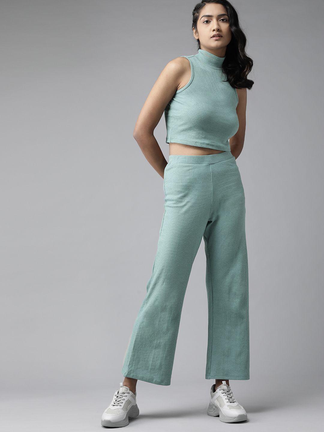 roadster women sea green ribbed co-ords
