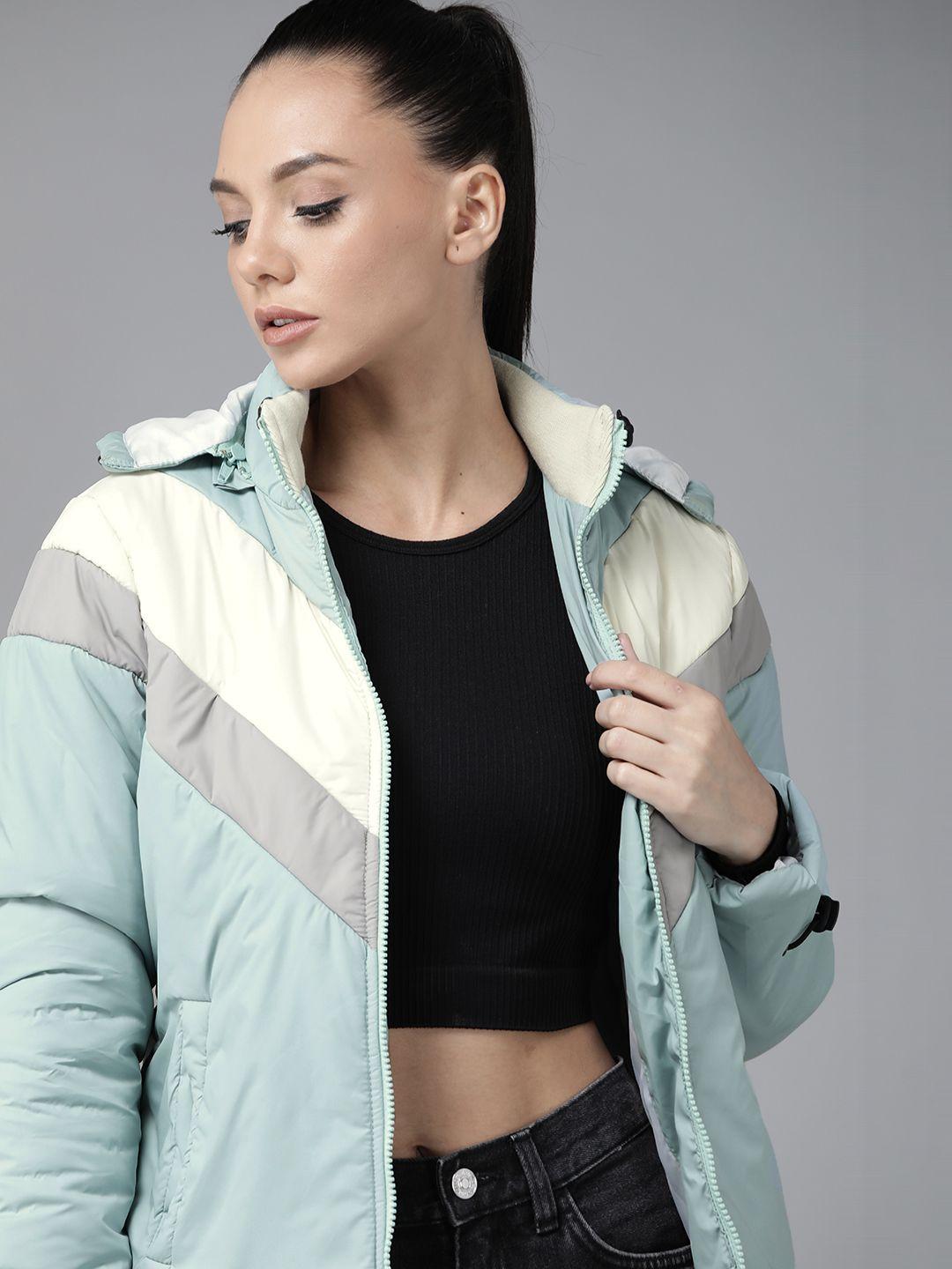 roadster women sea green striped padded jacket with detachable hood