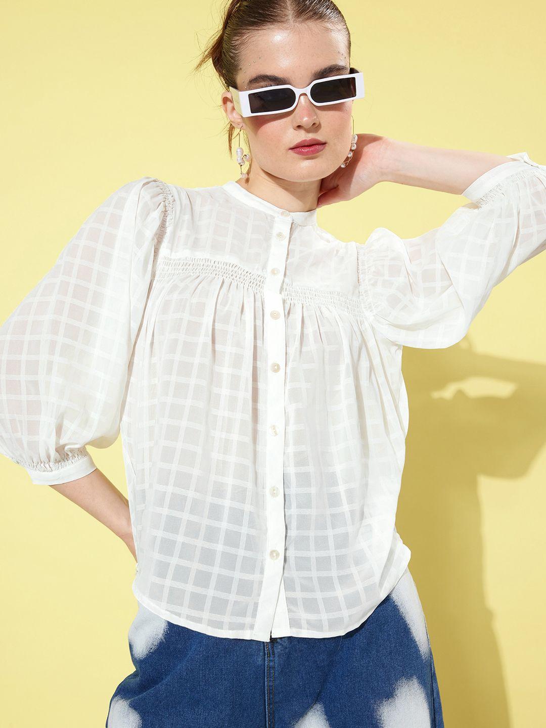 roadster women semi sheer checked shirring casual shirt