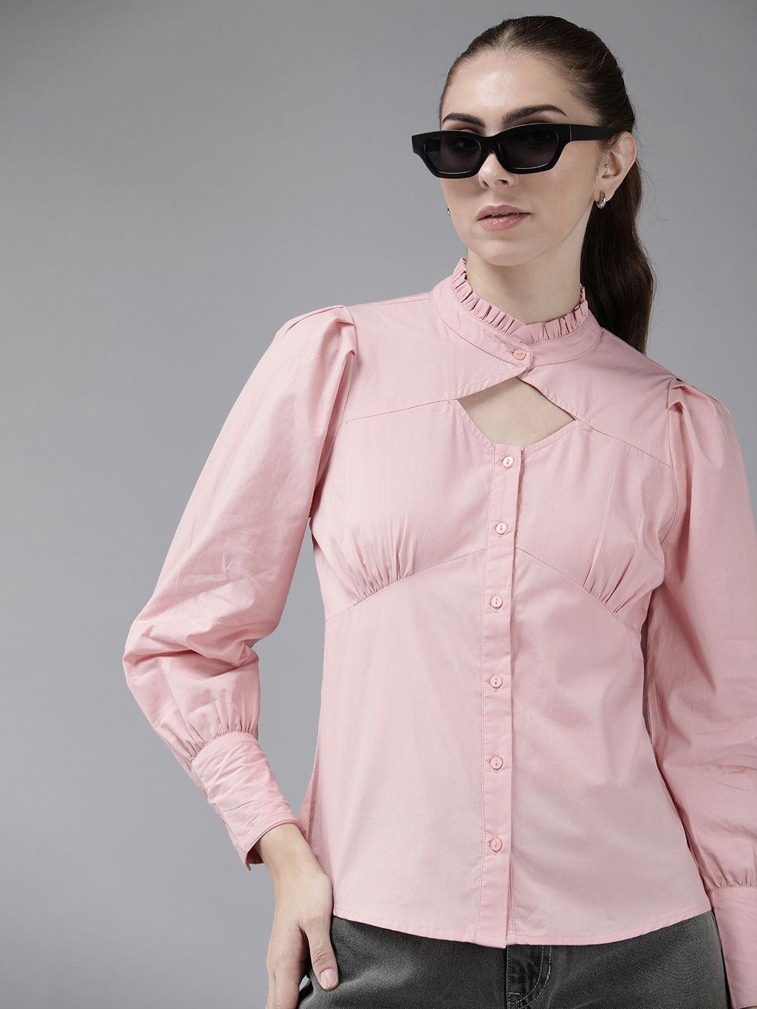 roadster women solid opaque pure cotton casual shirt with cut-out & pleated detail