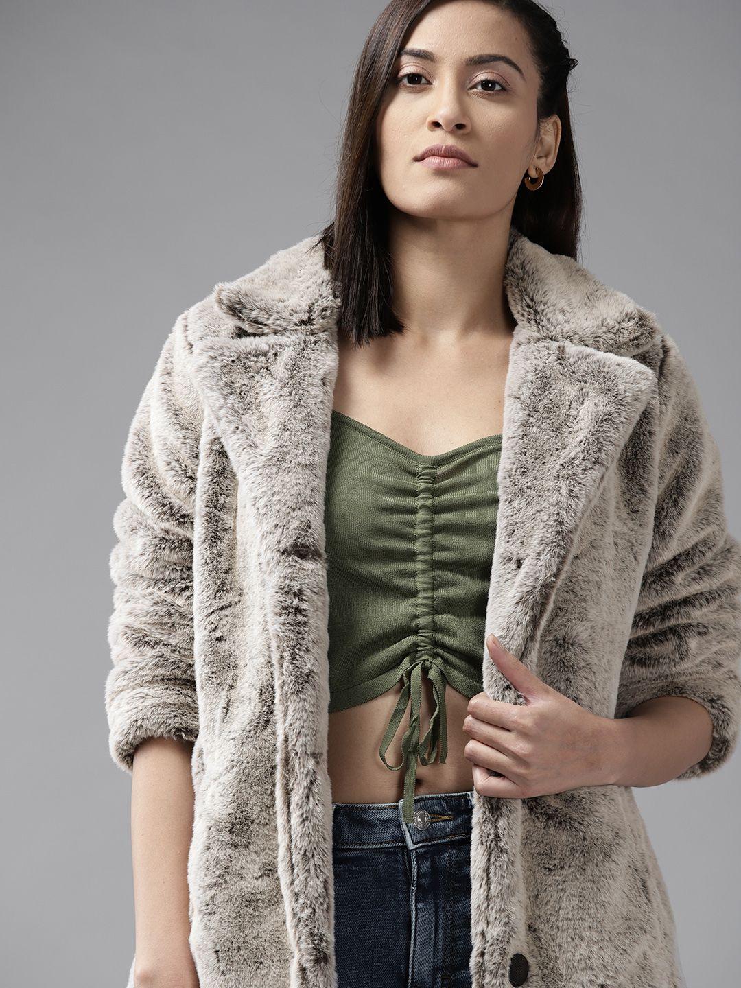 roadster women taupe longline sherpa jacket