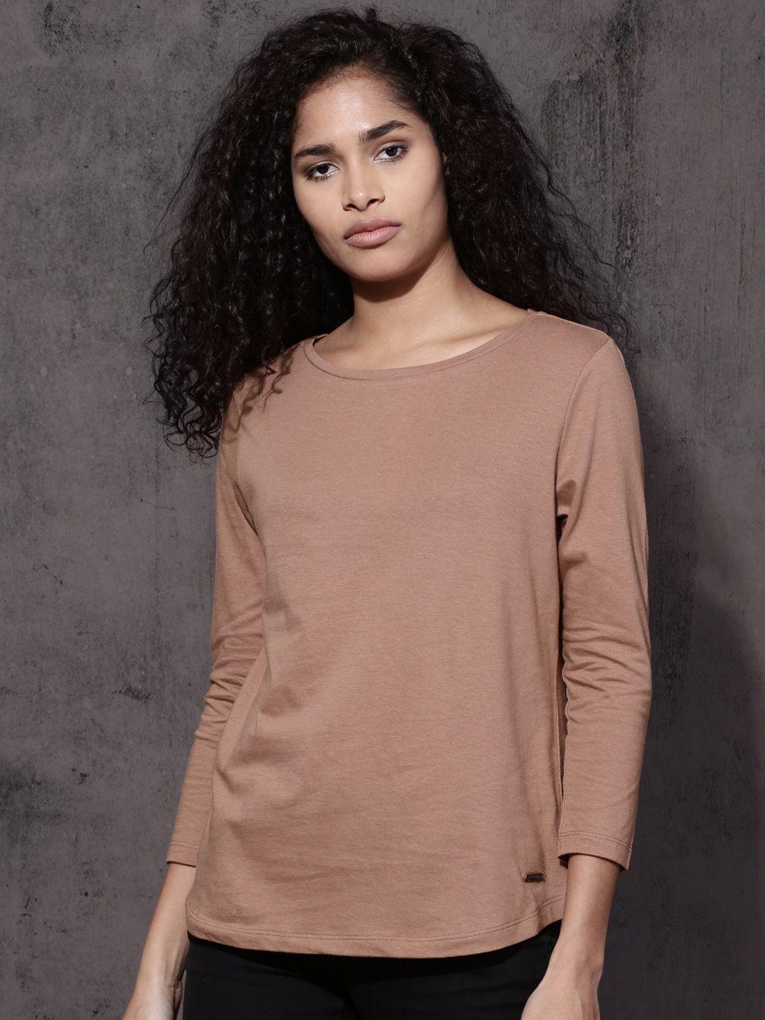 roadster women taupe solid round neck t-shirt