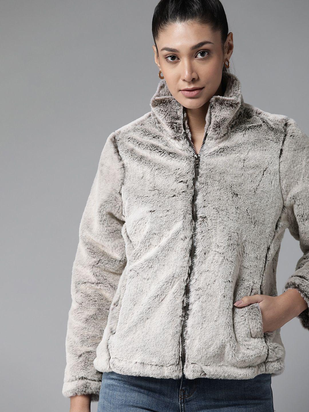 roadster women taupe solid sherpa jacket