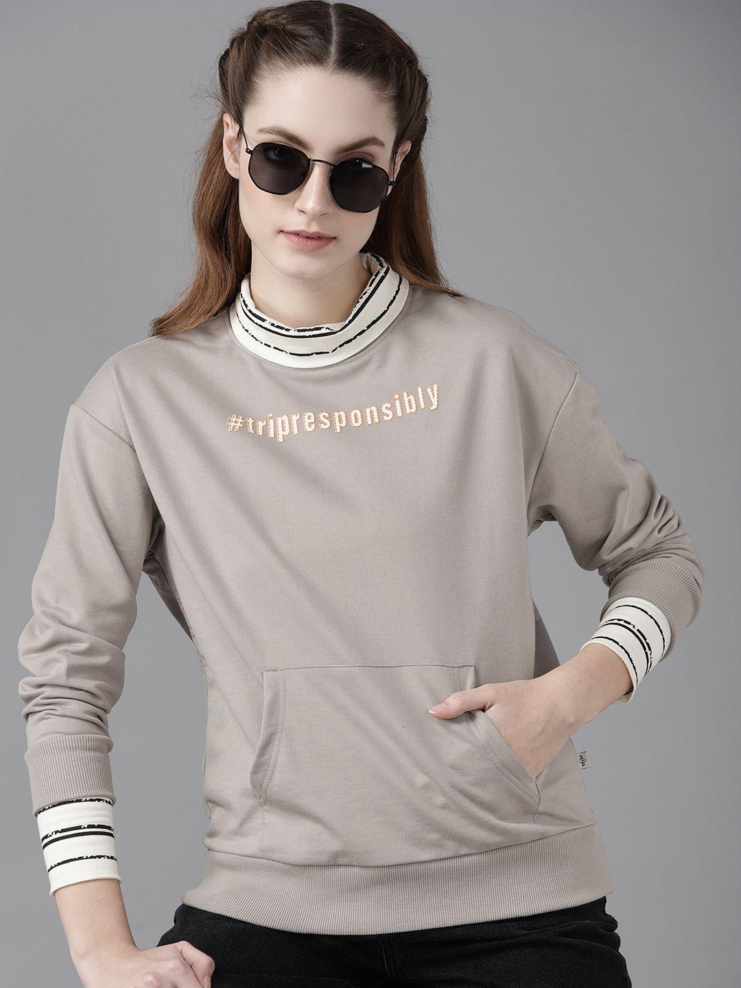 roadster women taupe solid turtle neck sweatshirt with typography print detail