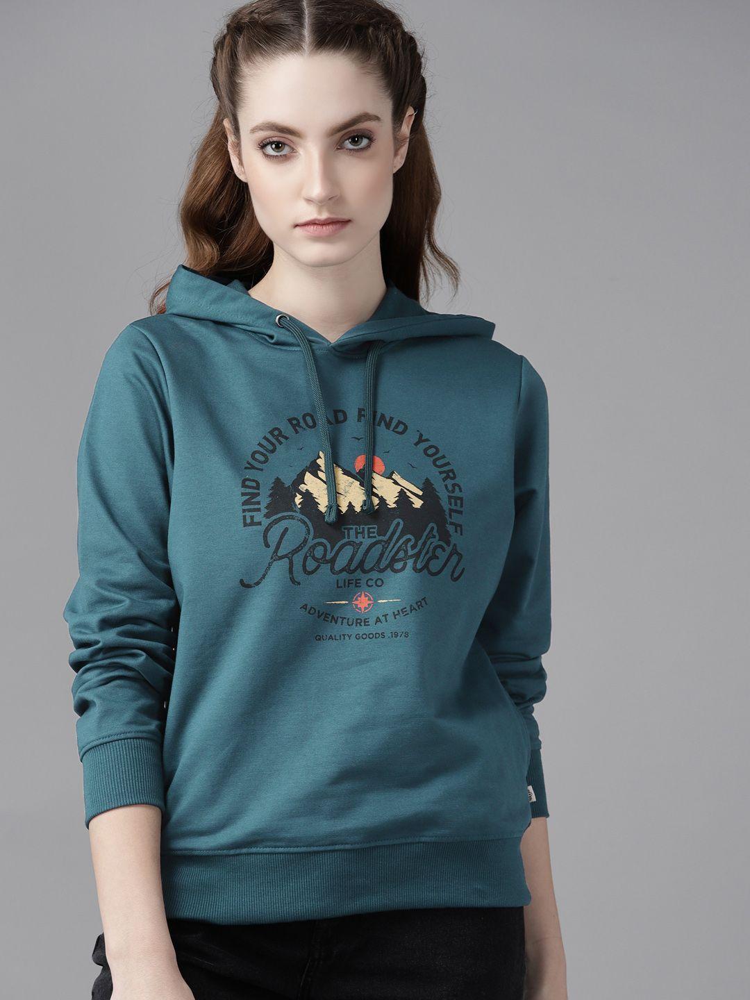 roadster women teal blue & black printed hooded sweatshirt