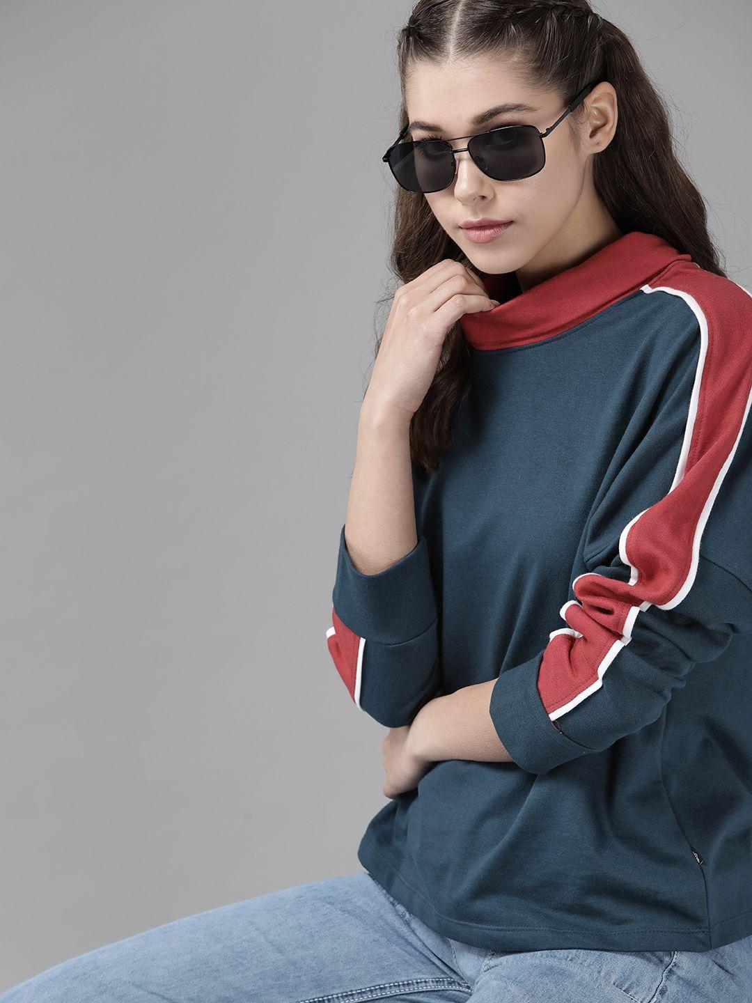 roadster women teal blue & maroon solid sweatshirt