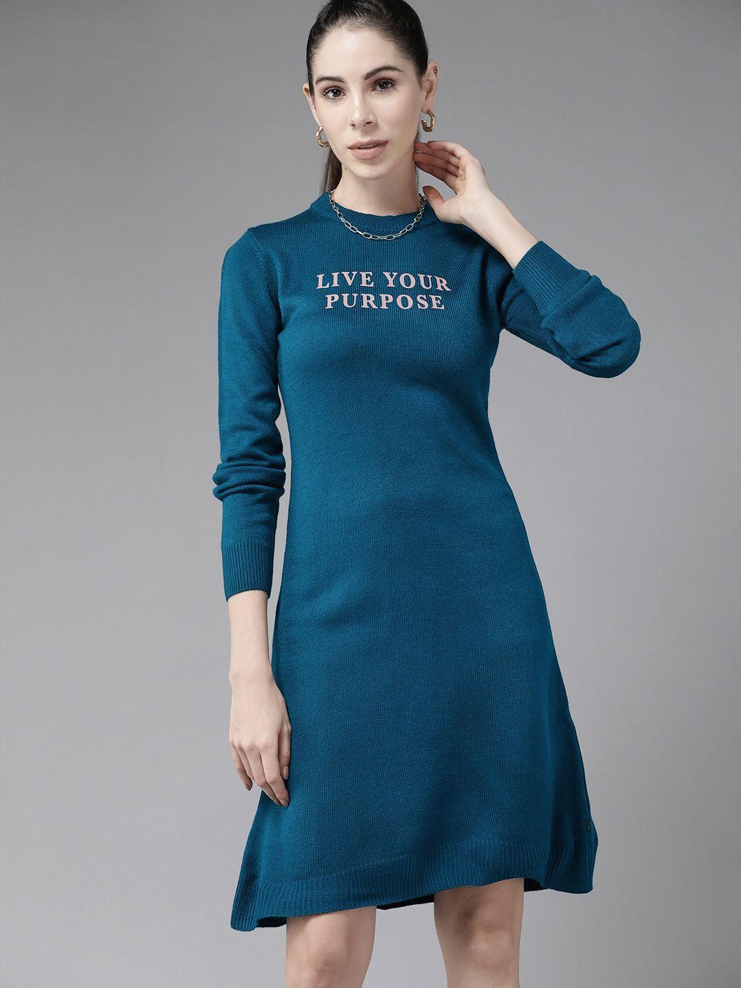 roadster women teal blue & pink printed sweater dress