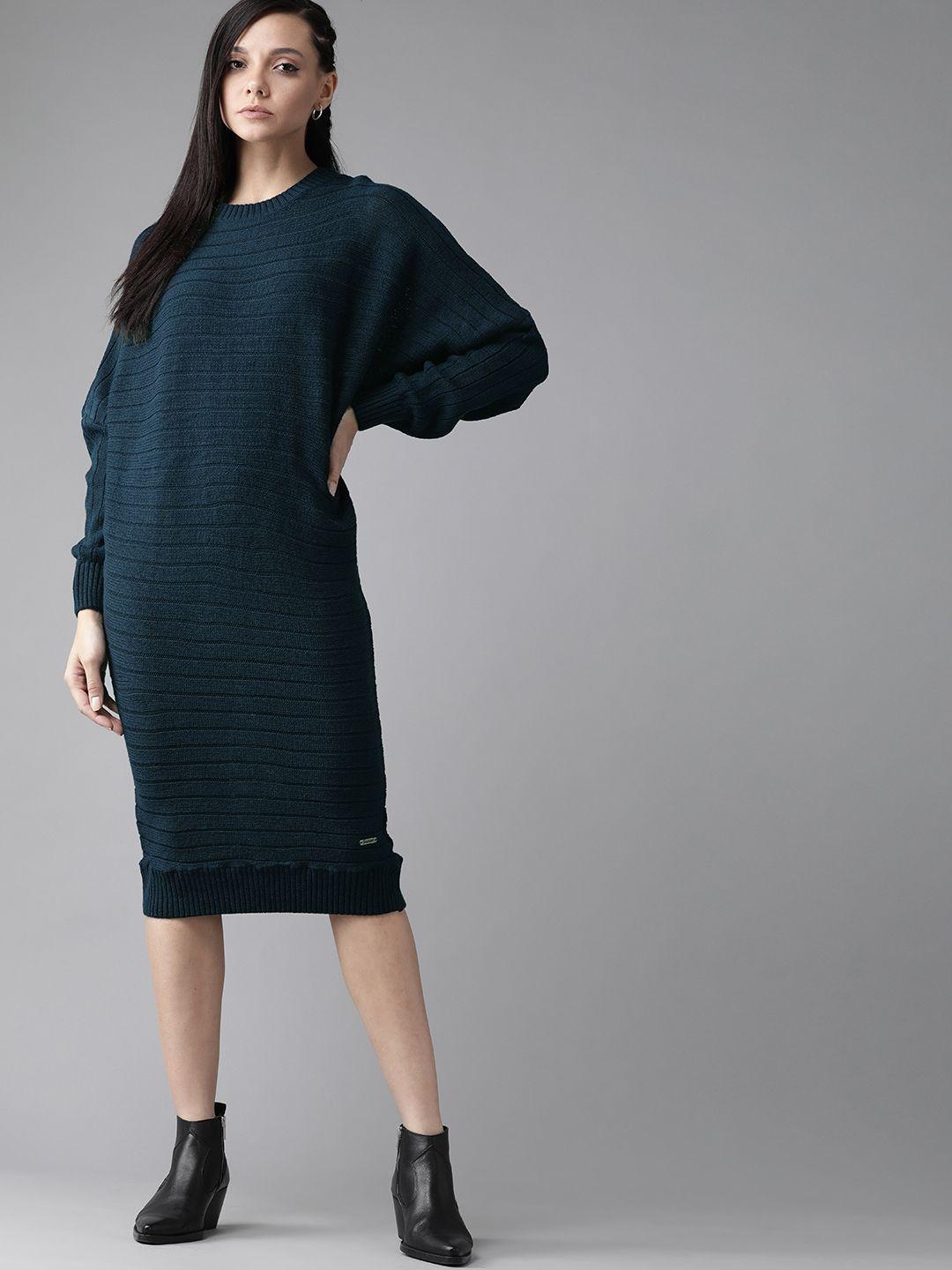 roadster women teal blue ribbed jumper dress