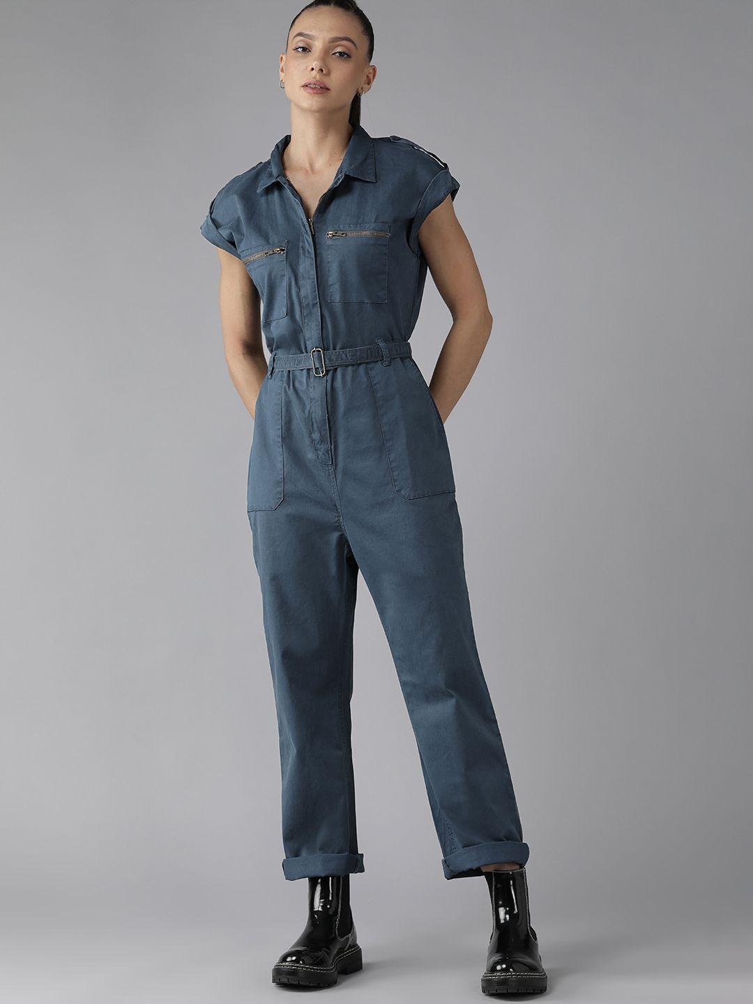roadster women teal blue solid boiler jumpsuit with fabric belt