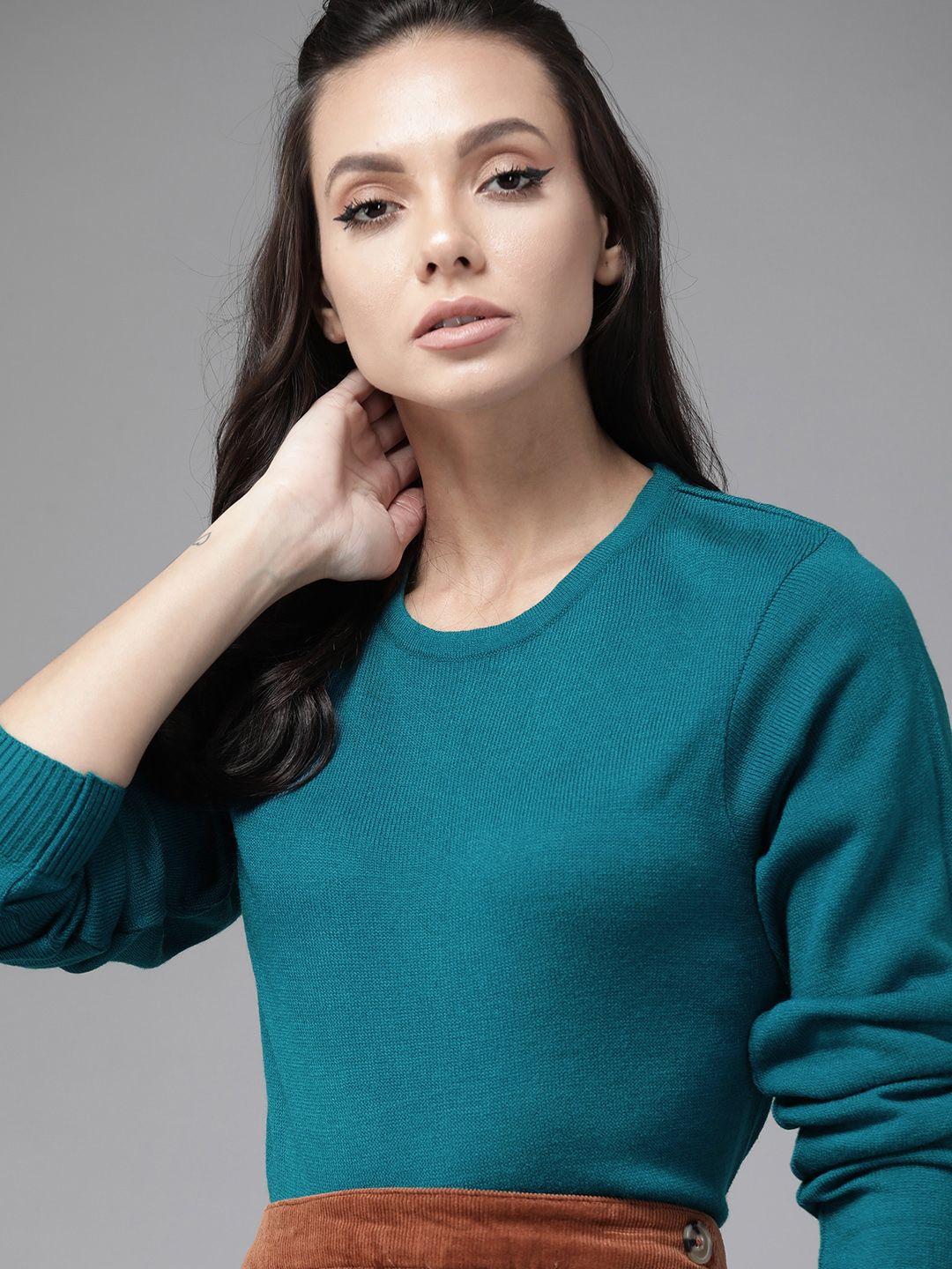 roadster women teal blue solid pullover